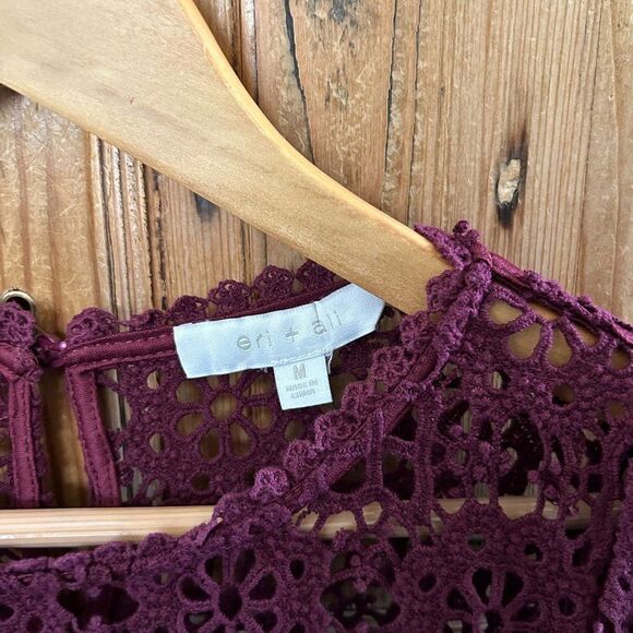 Eri+Ali Medium Shirt‎ Maroon Red Floral 3/4 Sleeve Lace Crewneck Button Anthro - Picture 4 of 10